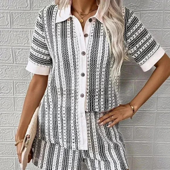 Multicolor Casual Women's Woven Short Sleeve Top And Shorts Set - Picture 5 of 7
